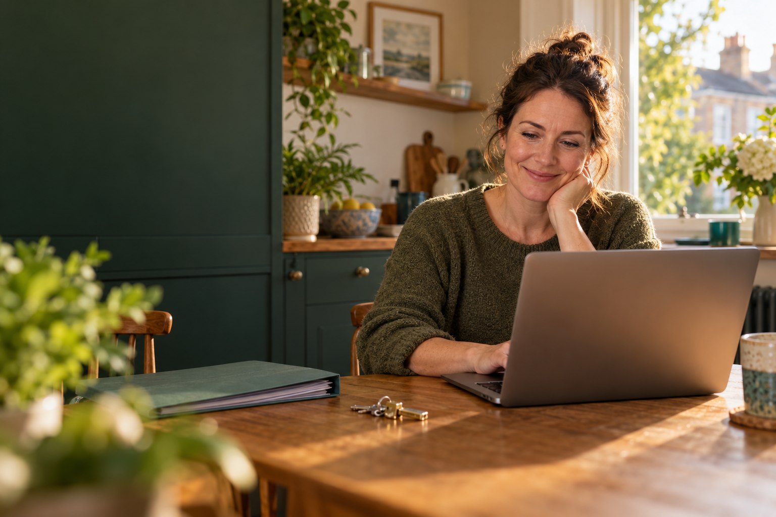 A relaxed landlord smiling while completing property tax work on a laptop at home